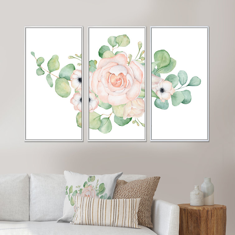 Winston Porter Flowers And Eucalyptus Leaves Bouquet II Framed On Canvas 3 Pieces Painting